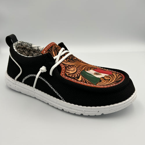 Double R Western Tooled Leather Shoes (Black - Mexico/San Judas)